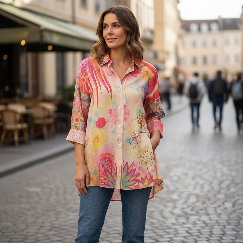 Radzoli Watercolor‎ Lagenlook Button-Up Swing Top Sz L 255D